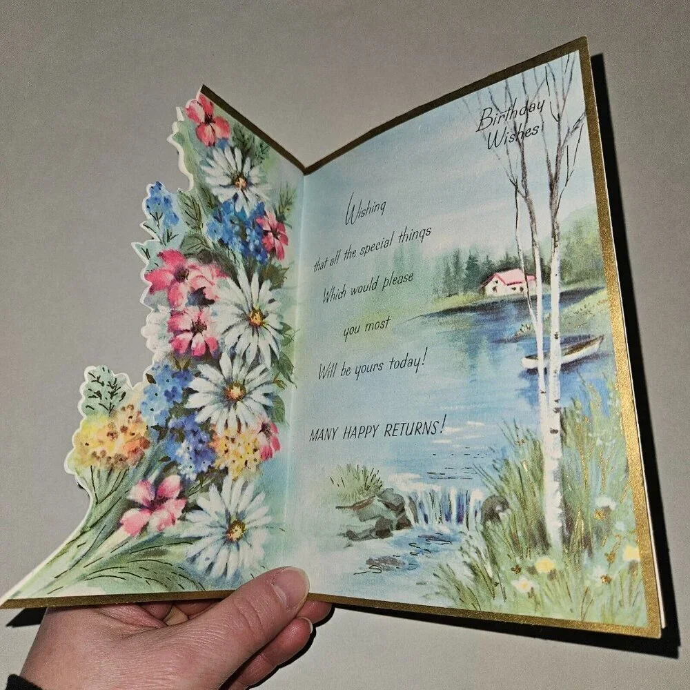 3 VTG Happy Birthday Greeting Cards Lot Floral Lake Birds Puppies NEVER USED